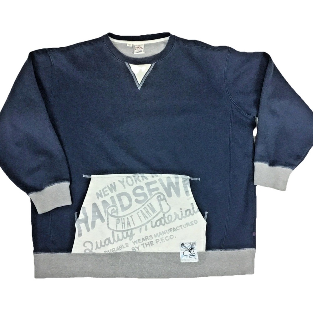Phat Farm Mens 3XL Navy Blue Gray‎ Graphic Pocket Crewneck Sweatshirt Pullover